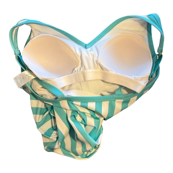 NEW Kona Sol Turquoise and White Striped One Piece Swimsuit Size 14W V Neck - Picture 5 of 11